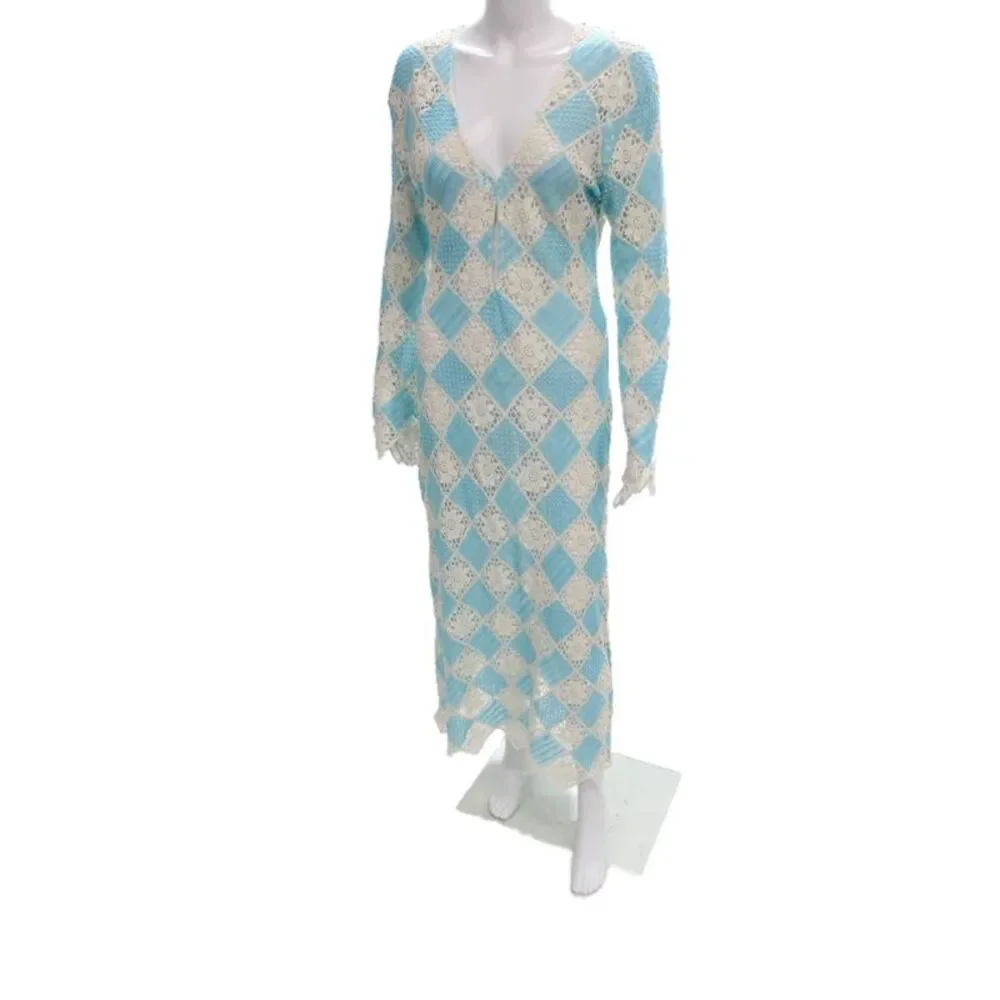 Zara Womens Maxi Dress Blue V-Neck Long Sleeve Argyle Cotton Size S